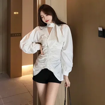 

WOMENGAGA Autumn Solid White Niche Design Feel Fold Waist V Lead Lantern Long Sleeve Shirt Coattail Thin For Girl Woman ZX240