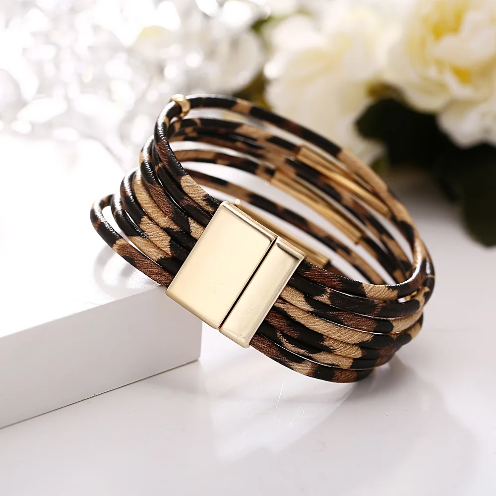 Леопардовые браслеты, многослойный браслет из кожи, Браслет-манжета для женщин и девушек, вечерние ювелирные изделия, подарок, магнитная застежка