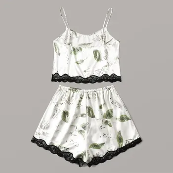 

Women Satin Lace Silk Print Camisole Shorts Set Sleepwear Pajamas Lingerie print pajamas set home clothes #35