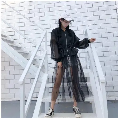 

Sukienki Plus size Black mesh yarned Women sexy Summer dress fairy gauze stitching long sleeve girls dress LJ910