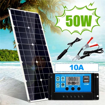 

50W 5V/18V Solar Panel Dual USB Output Monocrystalline Solar Panel with 10A Solar Charge Controller Regulator for Car Boat