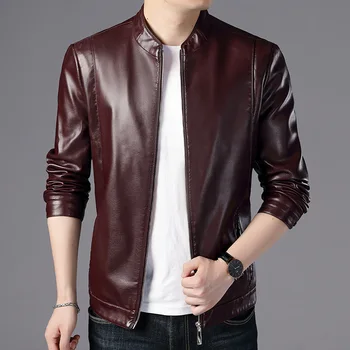 

Mens Leather Jackets Motorcycle Stand Collar solid color Male PU Coats Faux Leather Fashion Outerwear slim Korean men's clothing