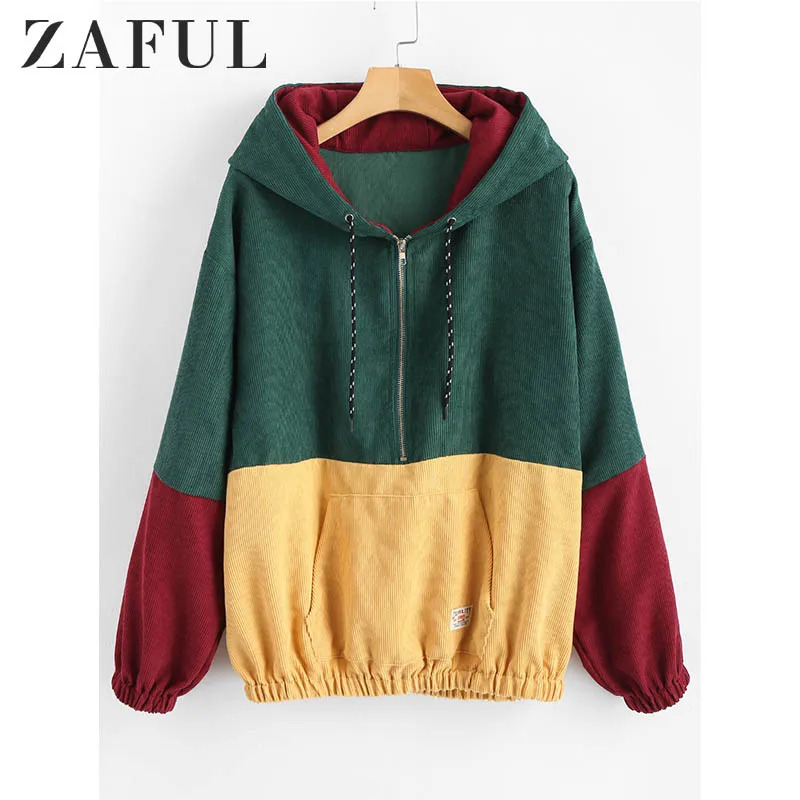 ZAFUL толстовка с капюшоном со шнуровкой, полумолния, контрастная Вельветовая Женская Толстовка С Карманами, Осень-зима, Повседневная Толстовка, пуловеры с длинными рукавами