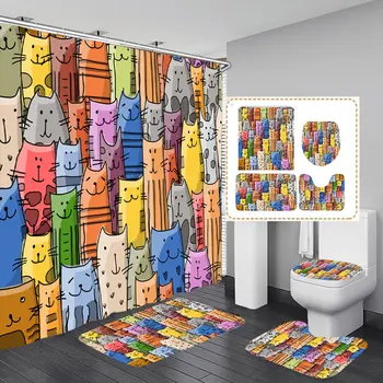 

New Colorful Cartoon Cat Printed Bathroom Shower Curtain Soft 3 PCS Mat Set Toilet Cover Bath Waterproof Toilet Cover Mat Rug
