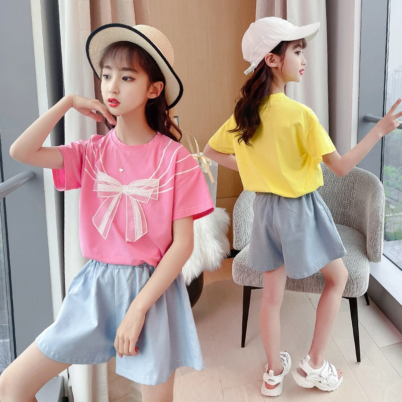 十代の女の子服セットレースちょう結びtシャツショーツスーツの子供の衣装21夏の服装6 8 10 12 13歳子供服 Aliexpress Mother Kids