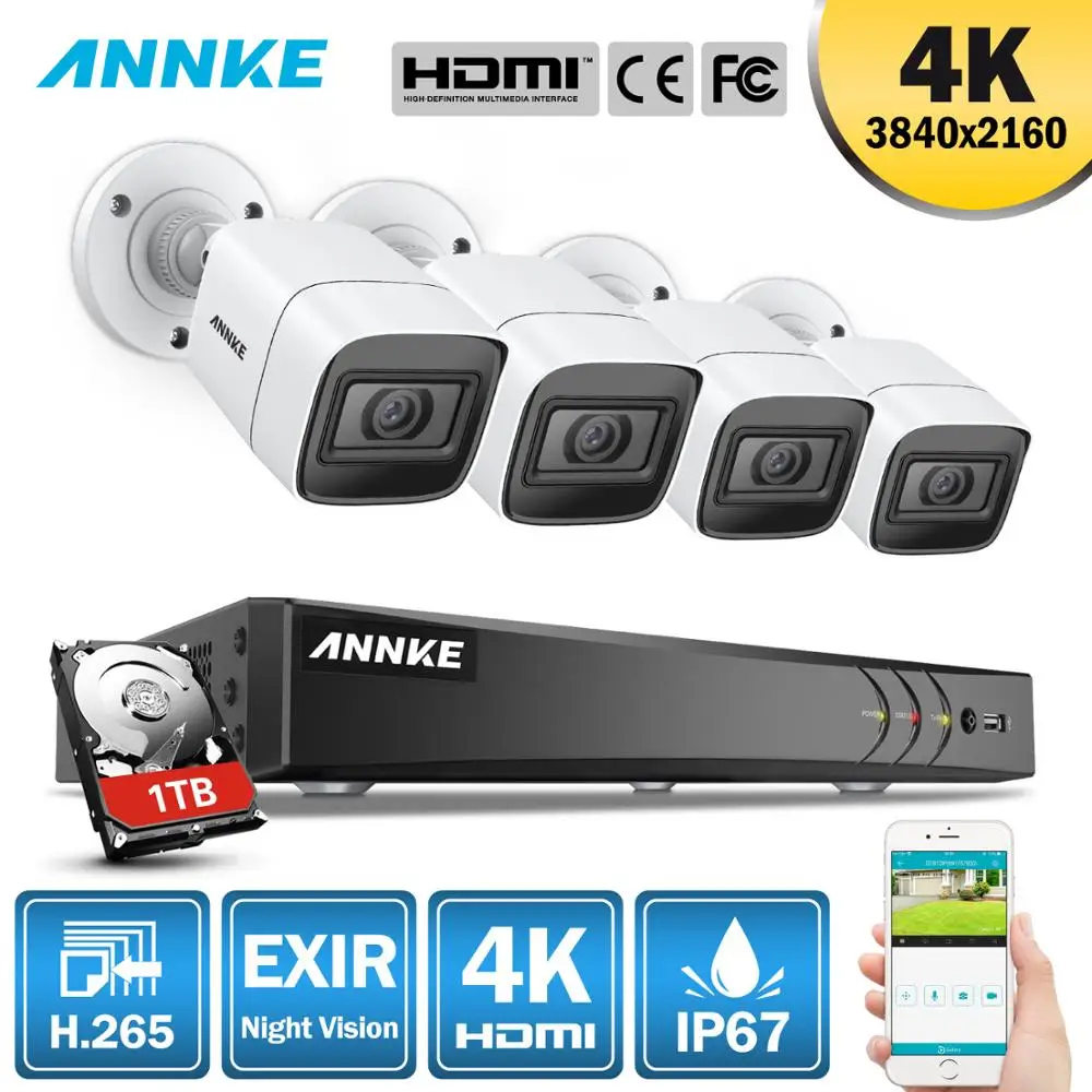 ANNKE 4 K Ultra HD 8CH DVR H.265 + CCTV Камера безопасности Системы 4 шт IP67 Weaterproof открытый 8MP Камера металла видеонаблюдения