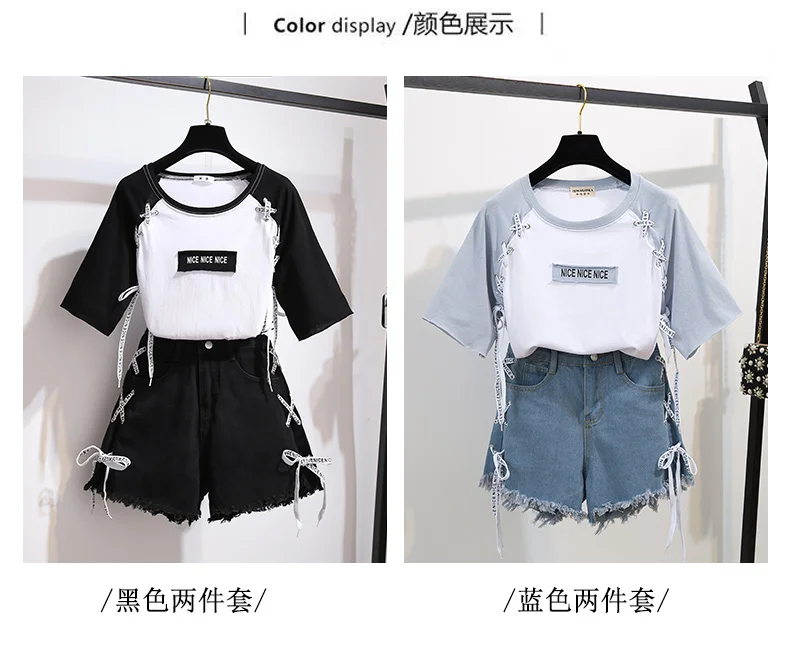 2020 Summer korean two piece set women patchwork bandage T-shirt + side bandage denim shorts set for girt student black Suits lounge wear sets