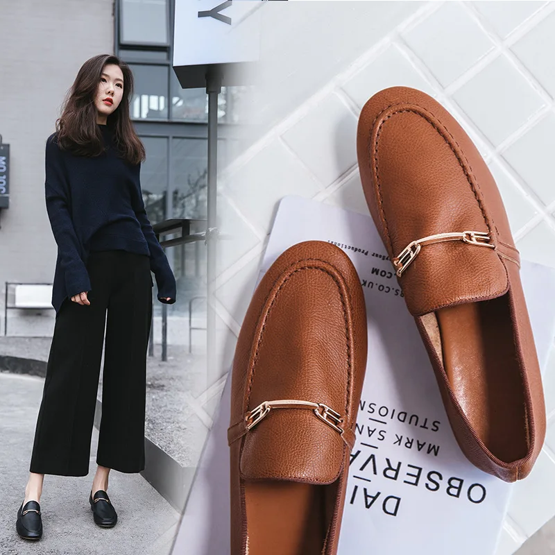 

2019 Spring New Style WOMEN'S Shoes Semi-Step on Slip-on Non-Slip Shoes British Style Small Leather Shoes Soft Leather Flat Keel