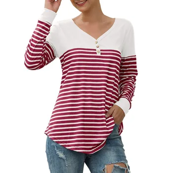 

Women's Casual Blouse New V-Neck Long Sleeve Striped Print Button Irregular Hem Pullover Autumn Winter Fashion Loose Tops YL5
