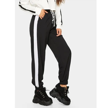 

High Waist Side Stripe Pants Women Sashes Lace Up Elastic Stretch Waist Harem Pants Joggings Ladies Trousers Harem Pants