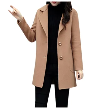 

british style trench coat for women Work Solid Vintage Winter Office Long Sleeve Button Woolen Jacket Coat2019#4