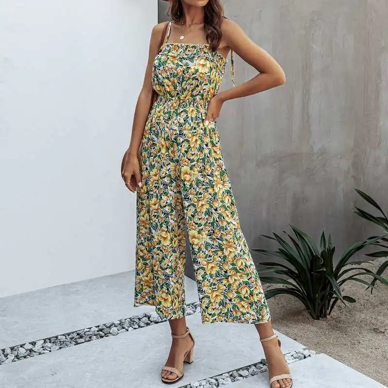 

Women Floral Print Summer Romper Pants Sexy Backless Tops One Piece Outfits Wide Leg Jumpsuit Vacation Clothing Suits 2020 Red