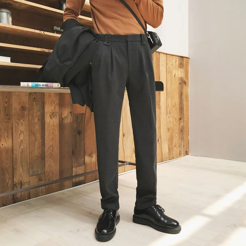 

Male Streetwear Fashion Thick Harem Trouser Autumn Winter Men Vintage Business Casual Black Gray Suit Pant