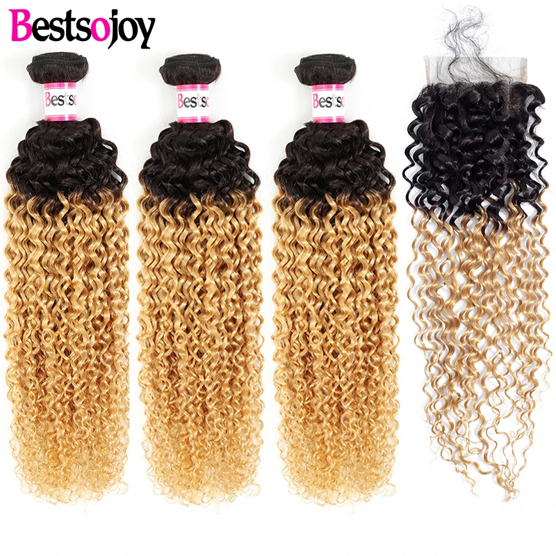 

Bestsojoy Brazilian Kinky Curly 3 Bundles With Closure Human Hair Bundles With Closure Ombre Bundles With Lace Closure 1B/27