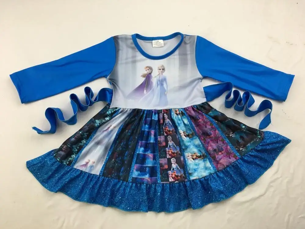 Синее детское платье с длинными рукавами и рисунком, платье с поясом, Изысканная одежда для девочек