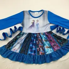 Синее детское платье с длинными рукавами и рисунком, платье с поясом, Изысканная одежда для девочек