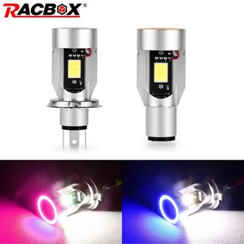 

12~80V H4 BA20D LED Motorcycle Headlight Bulbs 12V 24V Motorbike Hi/Lo Beam Headlamp with Blue Pink Angel Eye Light 2PCS