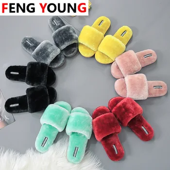

2020 Fluffy Home Slippers Women Faux Fur Slippers Cozy Furry Slides Open Toe Slip on Soft Slippers House Floor Plush Warm Shoes