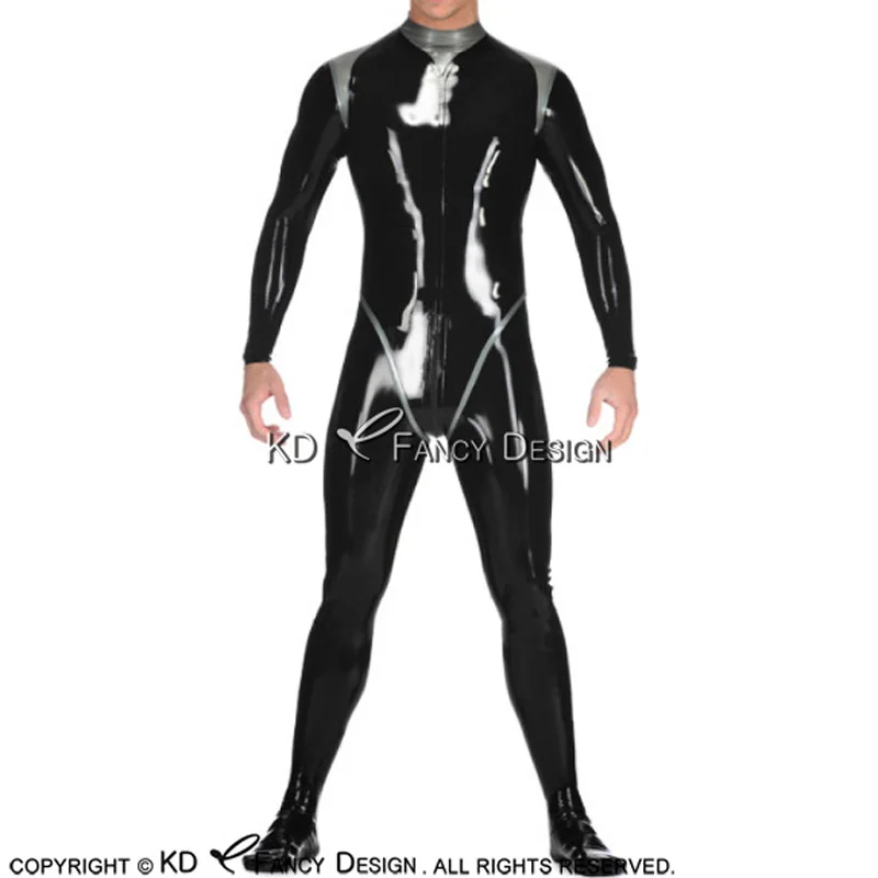 

Black And Silver Sexy Latex Catsuit With Trims Around Neck Front Back Zip Rubber Bodysuit Zentai Overall Body Suit LTY-0182