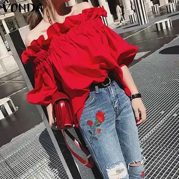 

Bohemian Tunic Off Shoulder Blouse Women Ruffle Sleeve Tops Beach Shirts VONDA 2020 Summer Tops Plus Size Blusas Femininas