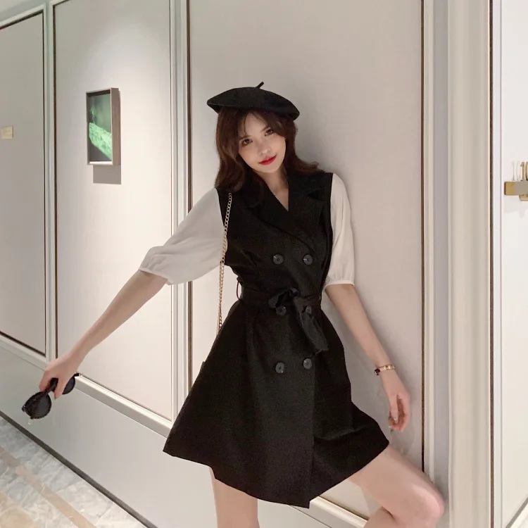 

Customizable Retro Double Breasted Waist Hugging Suit Skirt Elegant Splicing Dress Women's Autumn