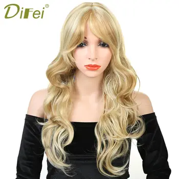 

DIFEI Long Wavy Mixed Gold Wigs with Bangs for Women High Temperature Synthetic Daily use or Christmas Wigs