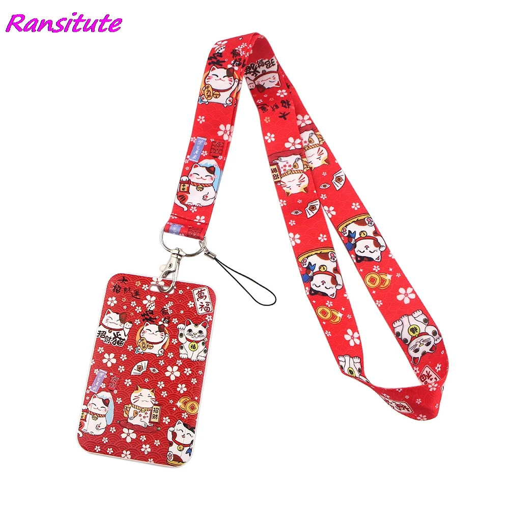 Ransitute R1618 rojo Kawaii gato de la suerte llavero de historieta cordón regalos para niño estudiantes teléfono sujección de insignia y USB collar