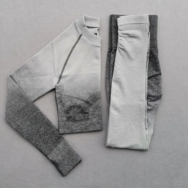 Gray 2Pcs Set Женский комплект для йоги, одежда для спортзала, Омбре, бесшовные градиентные леггинсы+ Топ с длинным рукавом, спортивный костюм для тренировок, Женский комплект для фитнеса, одежда для активного отдыха - Цвет: Gray 2Pcs Set