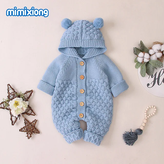 Baby knit romper long sleeve newborn jumpsuit cute cartoon bear boys sweater overall winter