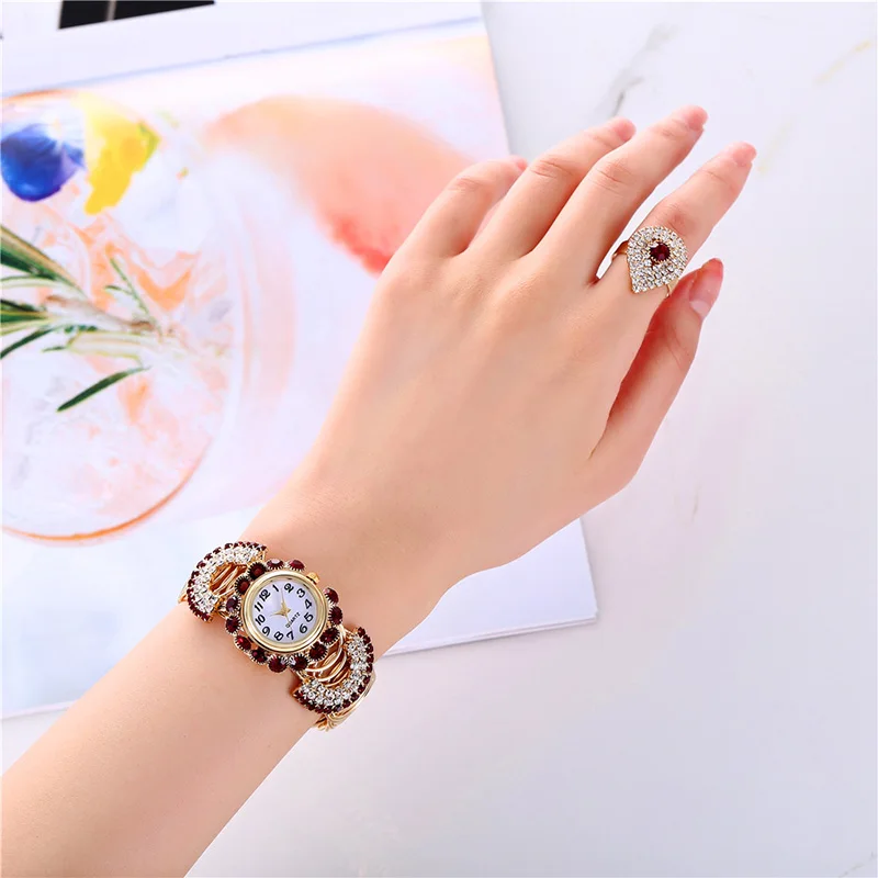 Trend Diamond Bracket Band Ring Bracelet Watch European and American Fashion Gorgeous Rhinestone Female Quartz Watch