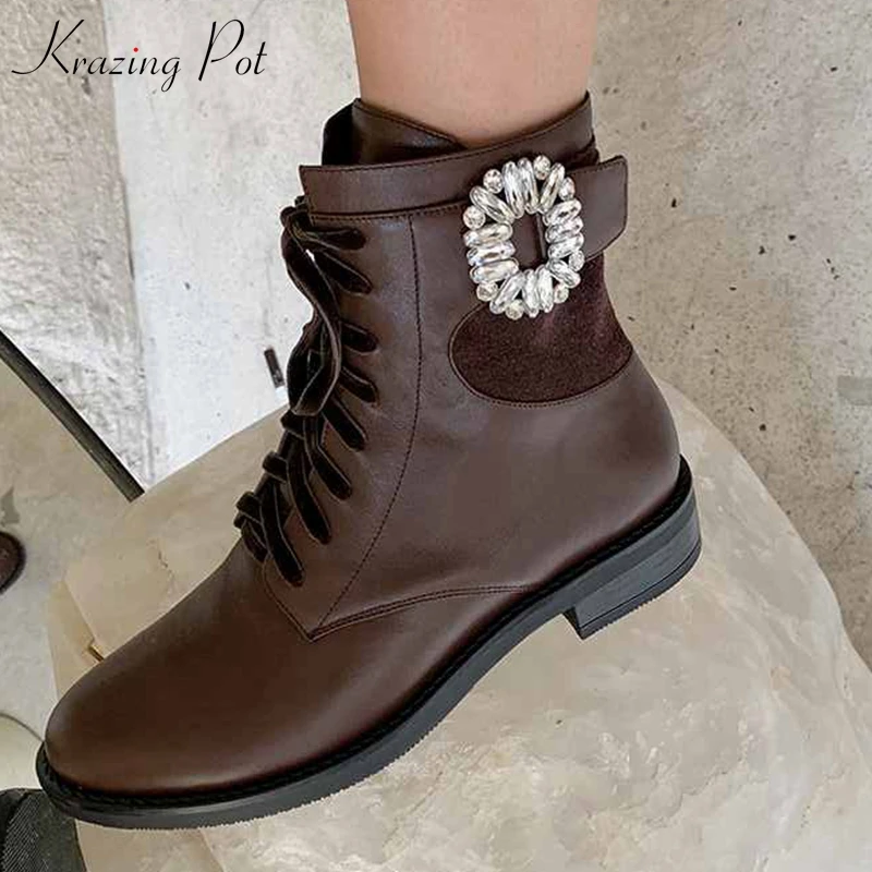 

krazing pot 2019 cow leather motorcycle boots round toe bling crystal buckle decoration superstar wear gorgeous ankle boots l93
