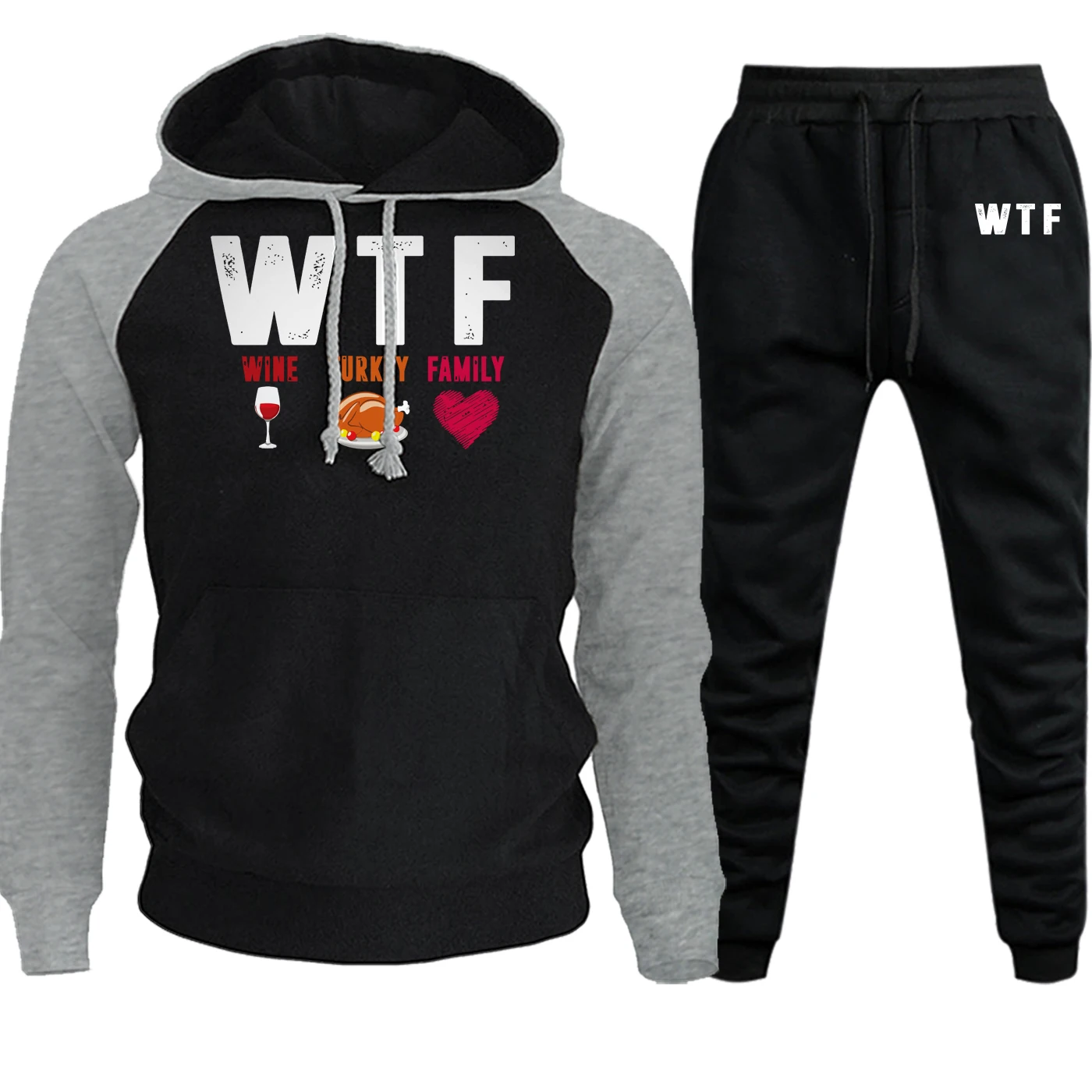 WTF винная индейка, семейная уличная одежда для мужчин, реглан, с капюшоном, Осень-зима, Повседневный пуловер, костюм, мужская флисовая толстовка с капюшоном+ штаны, комплект из 2 предметов
