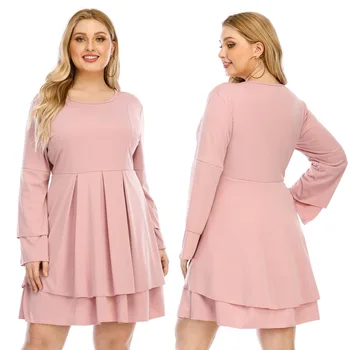 

Plus size women's clothing autumn and winter new fat ladies double-layer big swing cake dress long sleeve ladies dress