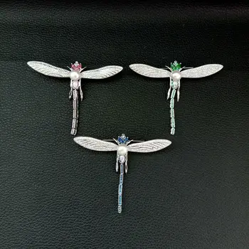 

1pc 55x64mm Mixed Color golden plated Cz micro dragonfly brooch