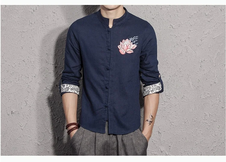 Zongke Китайский Лотос вышитые, льняные рубашки мужские модные мужские рубашки с длинным рукавом мужские льняные рубашки уличная XXXL 2019 осень