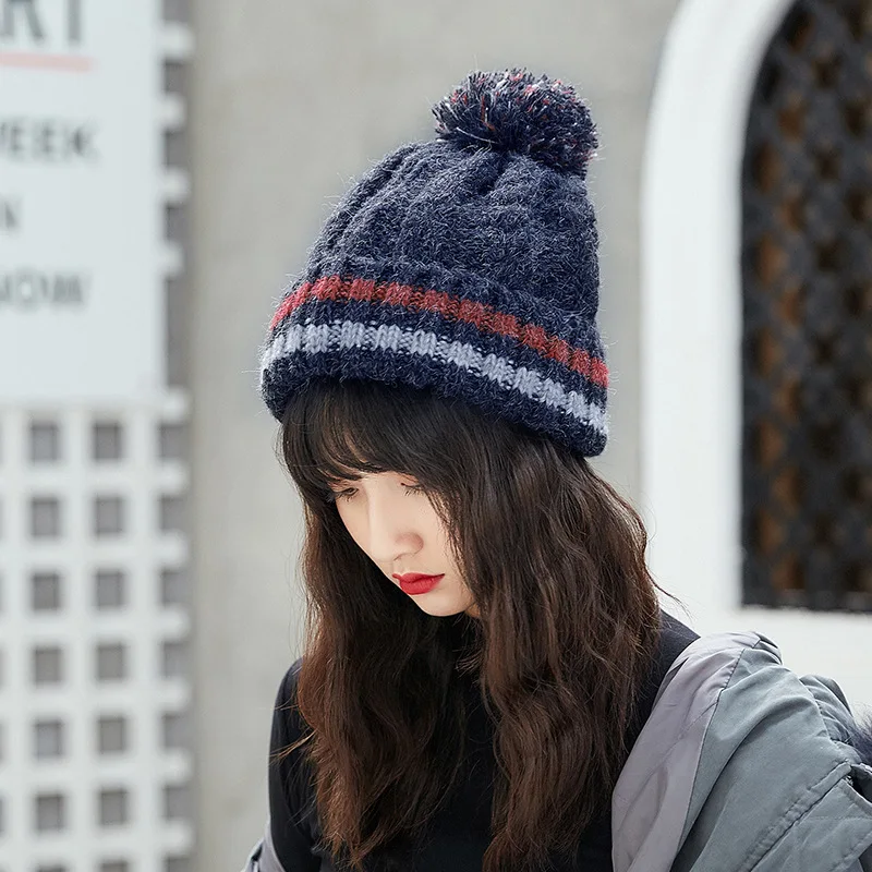 Модные Kawaii зимние теплые вязаные шапки с помпоном для женщин Harajuku Толстая полосатая шапка для женщин Skullies Beanies уличные шапки для девочек