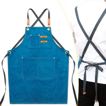 

High Quality Denim Canvas BBQ Apron Bib Leather Straps Kitchen Apron For Women Men Barber Cooking Restaurant Waitress