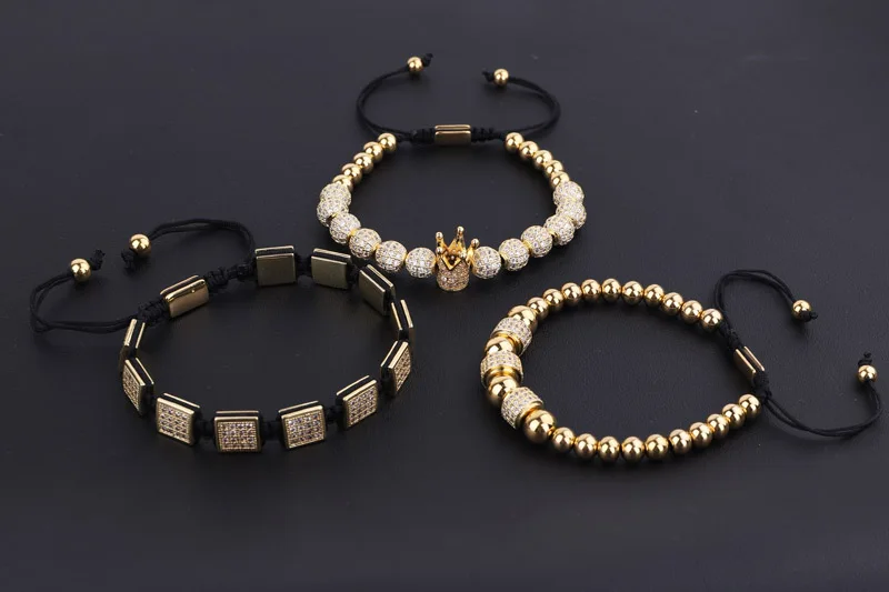 High Quality Luxury Men Jewelry Bracelet CZ Micro Pave Square Beads Crown Charm Adjustable Bracelet Set For Men - Image 5