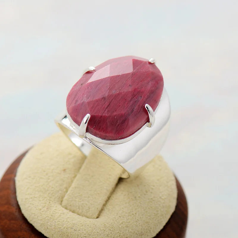 Premium Big Natural Stone Rings Jewelry Rhodonite Luxury Party Cocktail Ring Bijoux Size 7