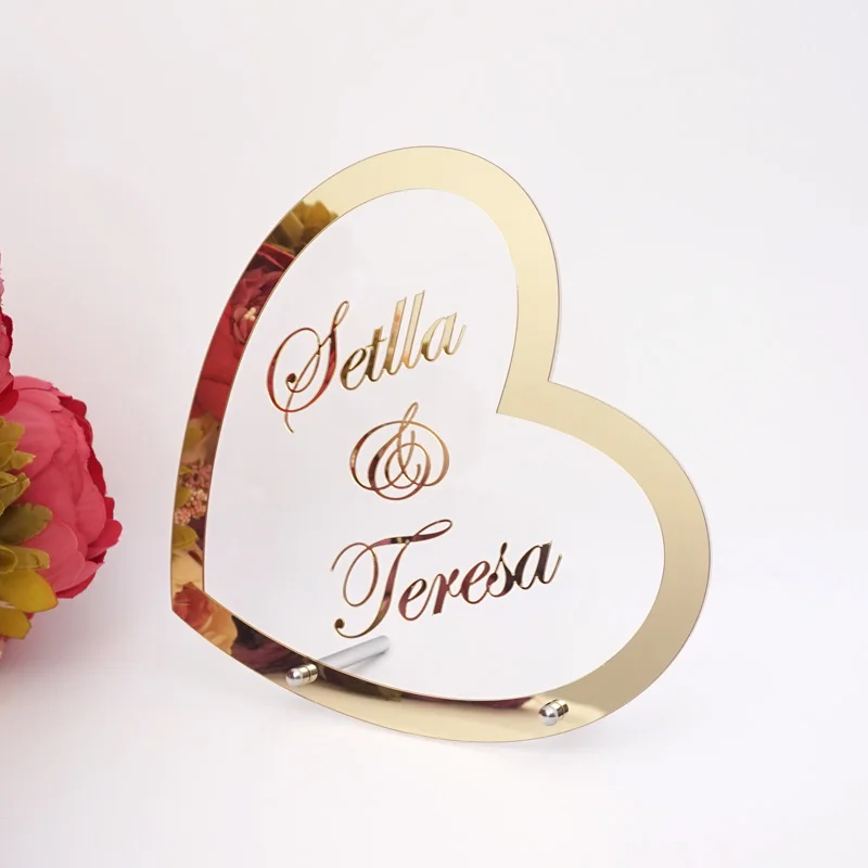 Heart Shape Name Wedding Decoration Acrylic Mirror Frame Welcome Word Sign Party Decor With Nail Guests Favor Gift