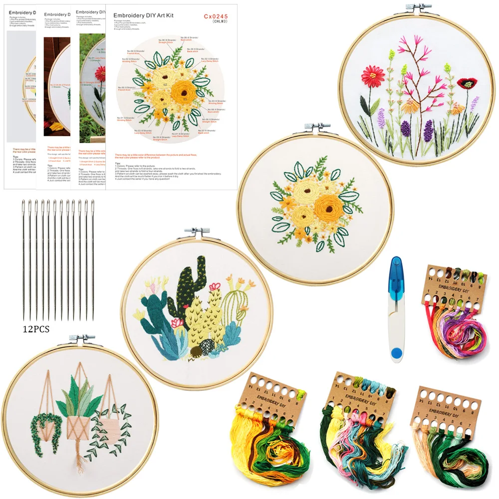 1 Pack Embroidery Flower Kit With Pattern+Instructions, Needlework DIY Beginner Stitch Kit Include 1 Embroidery Tools Hoop