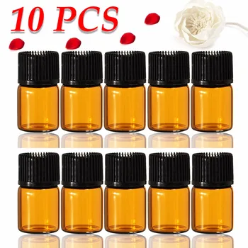 

10 Pcs 2ml Amber Glass Vials Mini Essential Oil Bottles Test Essential Oil Vials with Orifice Reducer & Black Plastic Cap