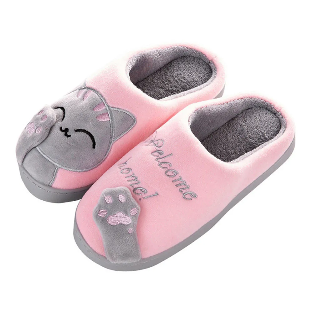Женские и мужские зимние домашние тапочки; домашняя обувь без шнуровки; нескользящие теплые тапочки с рисунком кота; домашняя обувь; пара плюшевых тапочек - Цвет: Pink