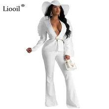 Liooil/комплект из двух предметов черного и белого цвета, вечерние Клубные наряды для женщин, г., сексуальная кофта с длинными рукавами и v-образным вырезом и широкие штаны, комплекты костюмов