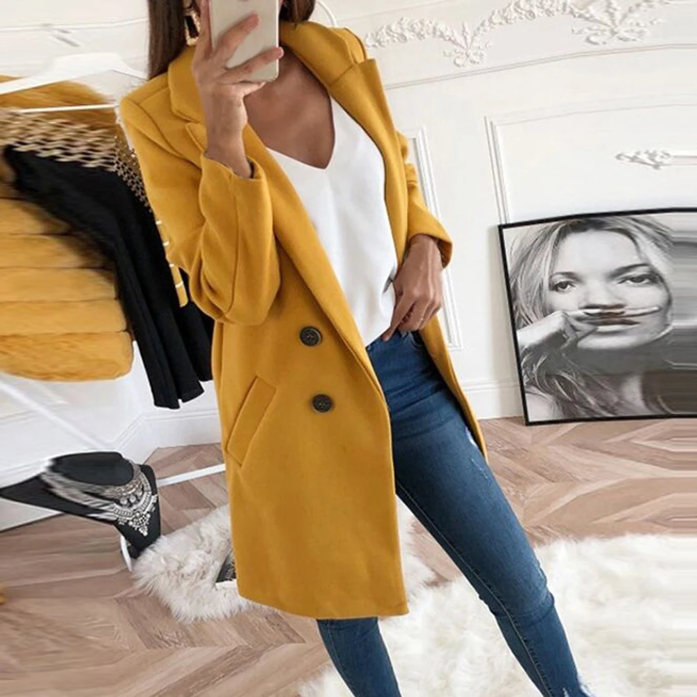 Формальное шерстяное пальто, женская куртка, стиль, длинная однотонная верхняя одежда, теплое осенне-зимнее шерстяное пальто, флисовое Женское пальто-Тренч - Цвет: Yellow