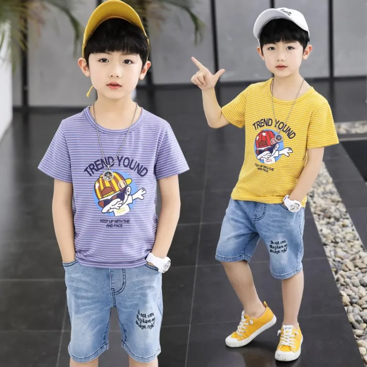 

CHILDREN'S Suit 2019 Summer Korean-style BOY'S Western Style Denim Shorts Set Cartoon Short Sleeve Sports Two-Piece Set