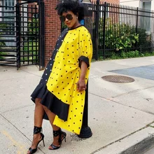 Свободное платье-рубашка в горошек для женщин; уличная одежда с рукавом до локтя; асимметричное платье-рубашка с оборками и высоким низом; длинное повседневное праздничное платье