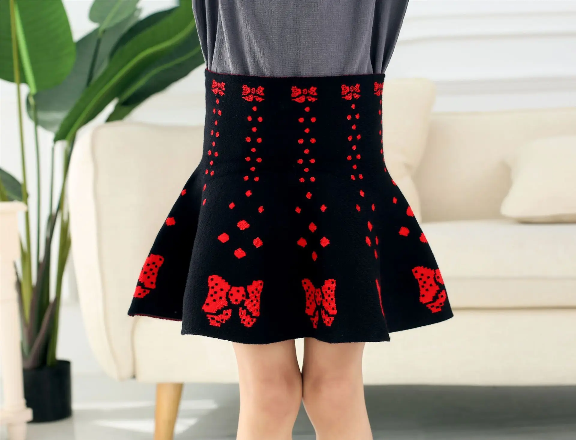 red bow Детская трикотажная Мини-юбка с высокой талией для девочек, юбка с бантом, Талия на резинке, детская юбка для девочек, повседневная одежда на весну-осень-зиму - Цвет: red bow