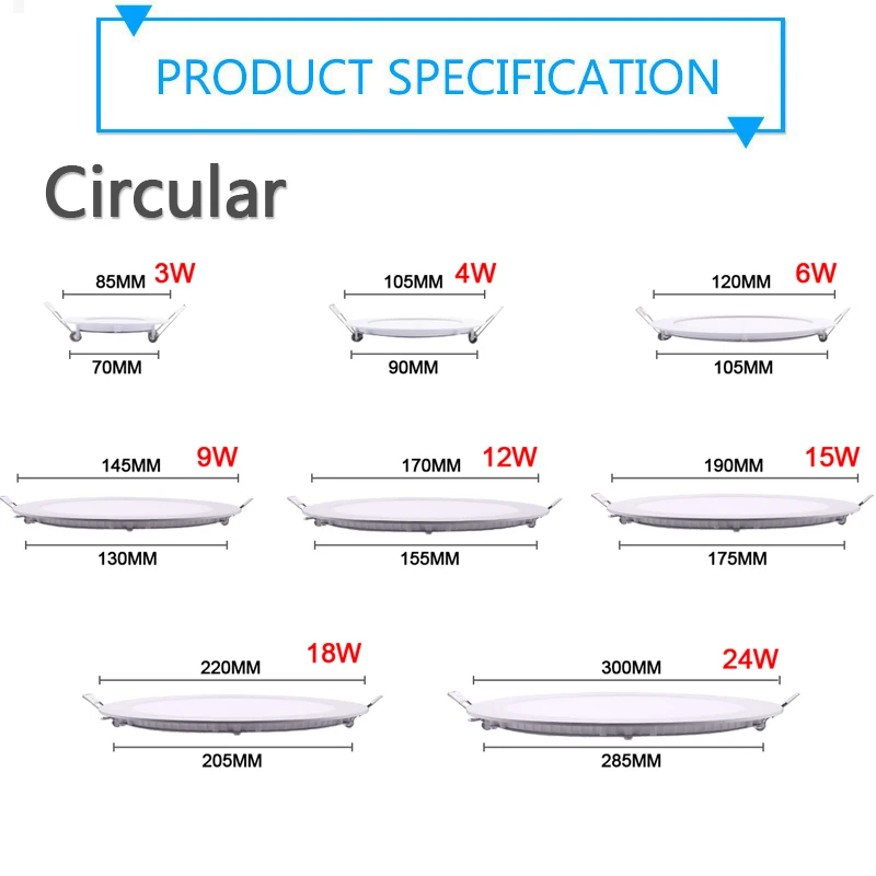 Luz de Painel Quadrada, Grade Recessed, Redonda e Quadrada, 24W, 18W, 12W, 9W, 6W, 3W, AC 110V, Ultra Fino LED Downlight Lamp, 220V