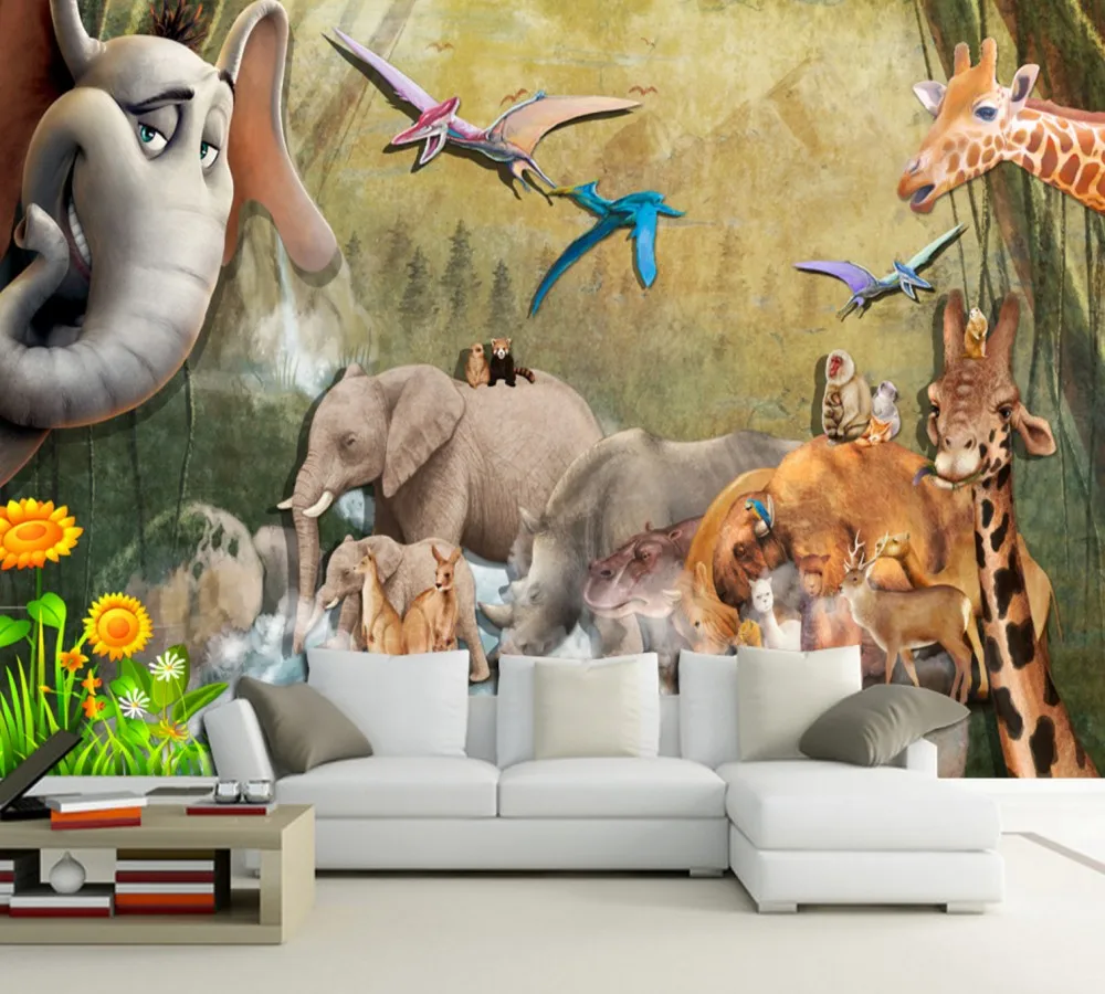 

Drop Shipping Animal TV Sofa Background Wall Elephant Giraffe Custom Living Room Children Room Bedroom Cartoon Wallpaper